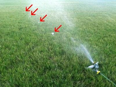 Lawn sprinklers with cups spaced in increasing distance from sprinkler head