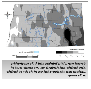 总粘土中不溶性粘土(高岭石和绿泥石)的百分比示意图. 在迪金森以南靠近机场的一个样本中，75%的粘土是高岭石.