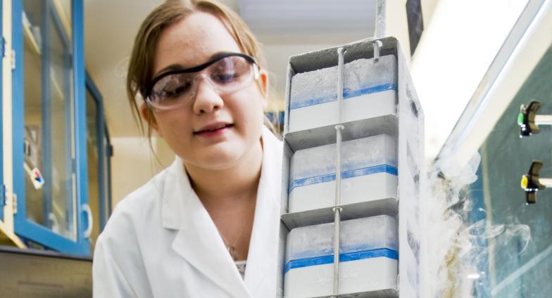 Student lab worker removing cultures from liquid nitrogen